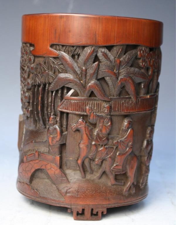 Chinese Carved Bamboo Brushpot w/ Figural Scene - 4