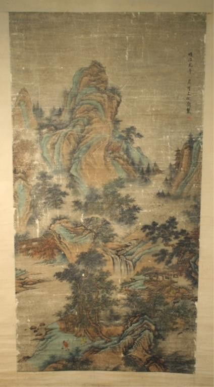 Chinese Painting of Landscape attr. Shao Hui Yi: Mounted scroll painting of a winter landscape attributed to Shao Hui Yi, ink and color on paper, China; marked. Dimensions: overall 70"H x 31"W; image area 48"H x 24-1/2"W
