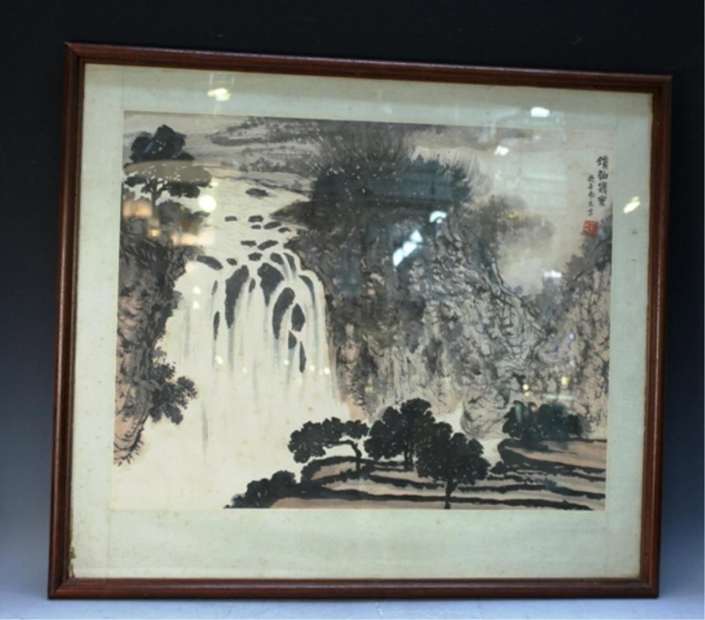 Chinese Framed Landscape Painting attr Fu Bao Shi: Framed landscape painting attributed to Fu Bao Shi (1904-1965), color on paper, China, twentieth century; marked. Dimensions: (frame) 29-1/2" H x 33" W; (image) 21" H x 26-1/2" W