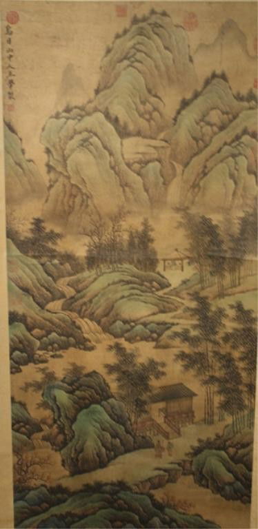 Chinese Landscape Scroll Painting attr. Wang Hui: Mounted scroll painting of a mountain landscape with figures, after Wang Hui (Chinese, 1632-1717), ink and colors on paper; marked. Dimensions: 76" H x 28" W; 50" H x 23-1/2" W