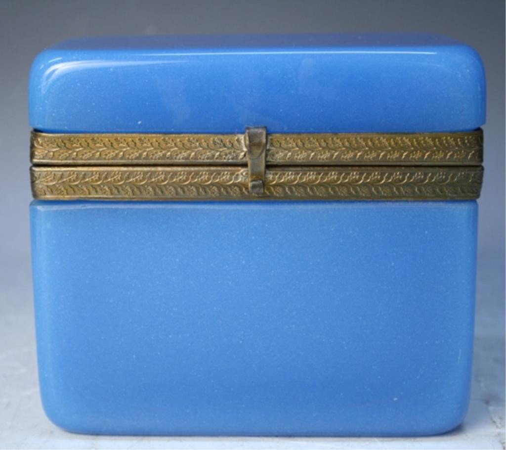 Blue Opaline Glass Box: Blue opaline rectangular shaped glass box with brass setting; unmarked. Dimensions: 4-7/8"H x 5-3/8"W x 3-3/8"D