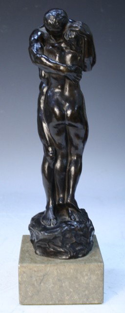 C. Sykes Bronze Sculpture "Adam and Eve": Cast bronze statue mounted on marble base, Adam and Eve, Charles Robinson Sykes (English, 1875-1950); signed. Dimensions: 13-1/4"H x 4" square base