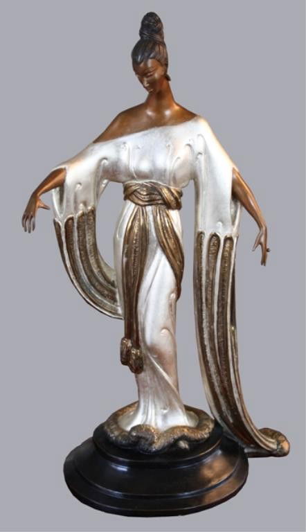 Erte "Negligee" Bronze Sculpture 1984: Bronze female figure sculpture entitled Negligee, Erte (Russian/French, 1892-1990), France, 1984; signed and marked 243/300. Dimensions: 17"H x 10"W x 5-1/2"D