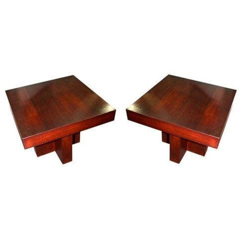 Pair Mid-Century Side Tables Attr. Milo Baughman: Pair of mid-century rosewood side tables with cruciform bases attributed to Milo Baughman. Dimensions: each 15"H x 18"W x 18"D