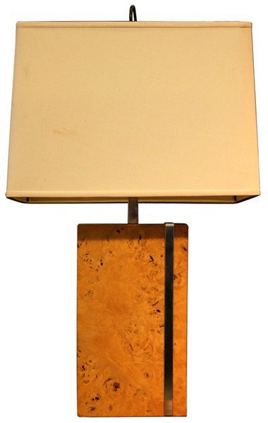 Burlwood Table Lamp with Chrome Detail: Table lamp, burlwood with chrome detail, attributed to Milo Baughman, ca. 20th century. Dimensions: 30" H X 8" W X 4-1/2"D
