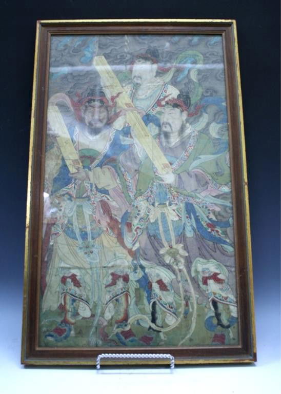 Chinese Painting of Taos on Silk Yung Lo Period: Framed painting of three heavenly kings or Taos, piece from a larger panel, colors on silk, China, Yung Lo Period (1403-1424) of Ming Dynasty. Dimensions: framed 28"L x 17-1/4"W; image area 26-1/2"L x