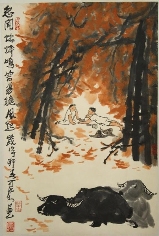 Chinese Scroll Painting of Boys & Oxen - Li Ke Ran: Hanging scroll painting depicting two boys and oxen in a landscape, attributed to Li Ke Ran (Chinese, 1907-1989)ink and color on paper, China; marked. Dimensions: image area 27"L x 18"W; overall 73"L 