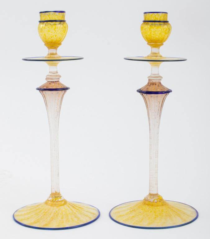 Venetian Art Glass Candlestick Holders, Pair (1 of 7)