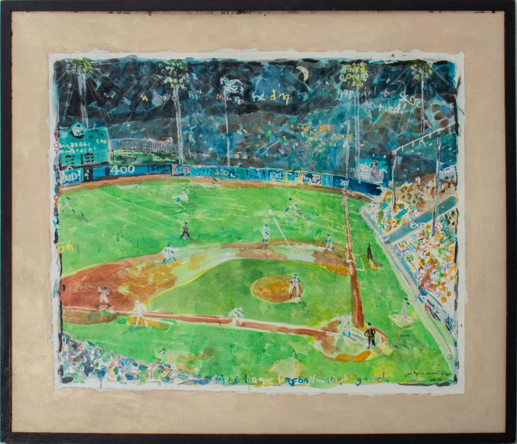 Jane Gilday "Minor League Baseball..." Mixed Media: Jane Gilday (American, born 1951) "Minor League Baseball Night Game" acrylic mixed media on board, signed to lower right, circa 1993, housed in an ebonized wood frame. Image: 29.5" H x 34.5" W; frame: