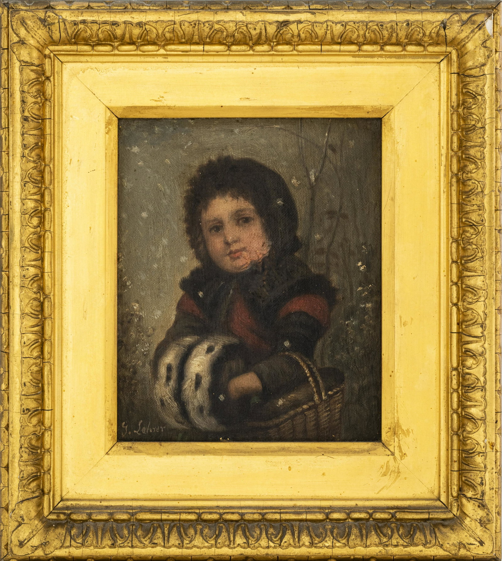 J. Lehrer Child in Wintertime Oil on Canvas: J. Lehrer, Child in Wintertime, oil on canvas, signed lower left, frame by The Boots Chemists. Image: 7" H x 6" W; frame: 13" H x 11.25" W