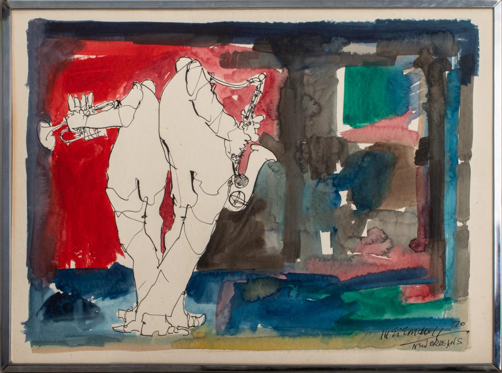 Leo Meiersdorf "New Orleans" Watercolor on Paper: Leopold "Leo" Meiersdorf (American, 1934-1994) "New Orleans" Expressionist watercolor on paper painting depicting two Jazz musician figures playing wind instruments, one a saxophone and one a trumpet,