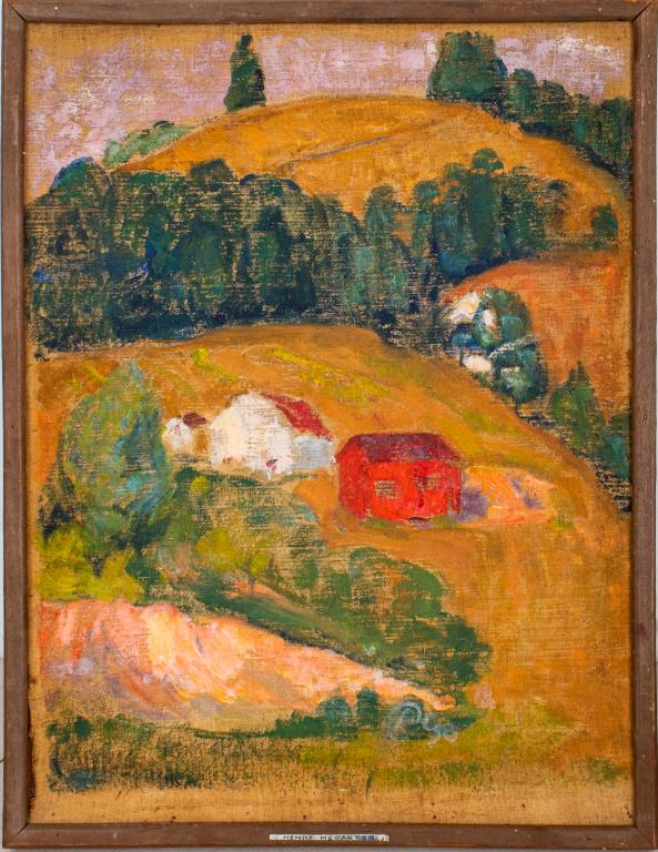 Henry McCarter Landscape Oil on Canvas: Henry Bainbridge McCarter (American, 1886-1942) landscape oil on canvas depicting two houses with mountains in the background, another landscape on verso, unsigned, housed in a wood frame. Image: 16.5