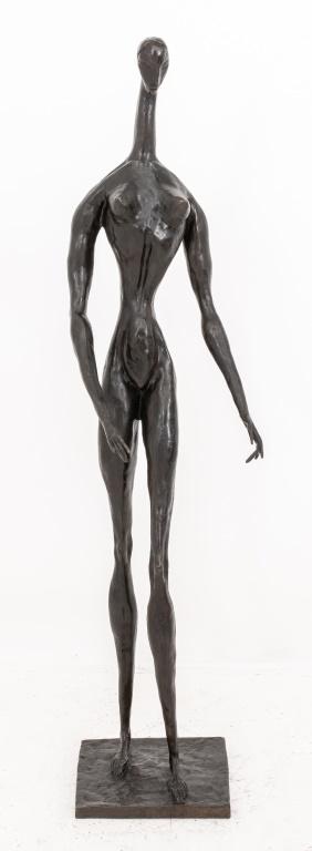 Doris Caesar Standing Nude Woman Bronze Sculpture: Doris Porter Caesar (American, 1892-1971) standing nude woman bronze sculpture with brown/black patina, signed "D. Caesar" to base. 50.5" H x 13" W x 11.5" D.