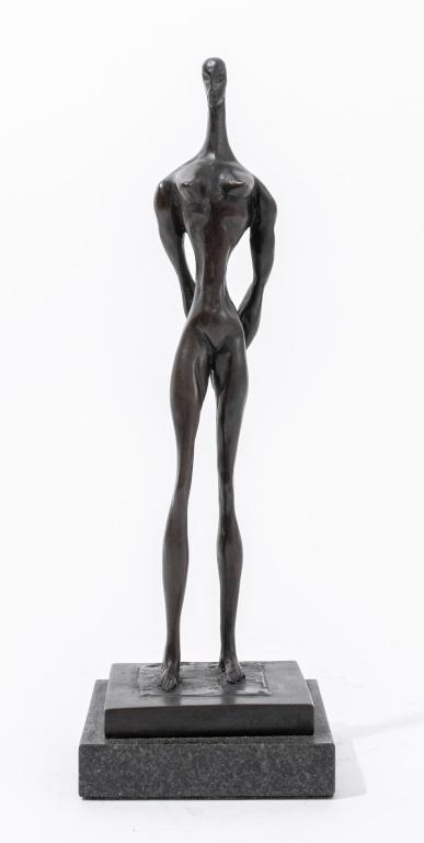 Doris Caesar Standing Nude Woman Bronze Sculpture: Doris Porter Caesar (American, 1892-1971) bronze sculpture with brown/black patina depicting a standing nude woman with her hands in her back, signed "D. Caesar", raised on a black granite base. 10" H