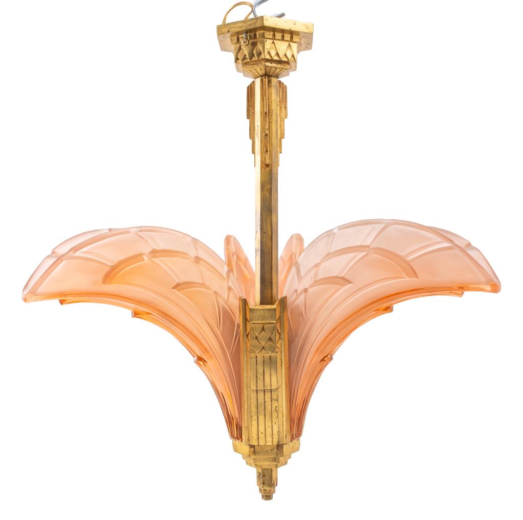 French Art Deco Pink Glass Feather Chandelier: French Art Deco 'Feather' pendant chandelier with pink glass inserts. 22.5" H x 20" W x 15" D.