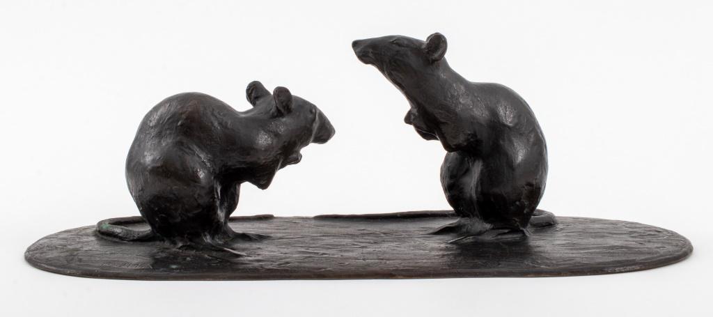 Japanese Meiji Bronze 'Nezumi' Group, ca. 1900: Japanese Meiji bronze 'Nezumi' group, ca. 1900, darkly patinated and depicting two curious rodents on an oval base inscribed "Youma" in Latin characters. 5.5" H x 16" W x 7.25" D Note: "Youma" may be 