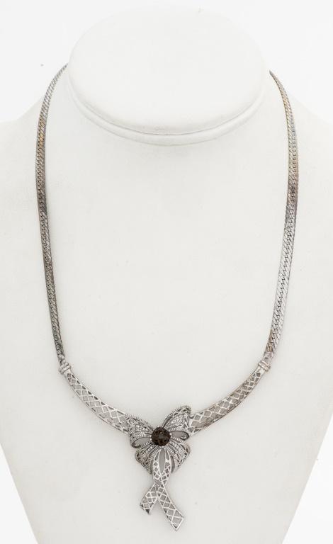 Silver Bow Smoky Quartz & Diamond Necklace (1 of 4)