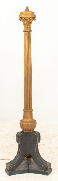 English Regency Style Giltwood Torchere, 20th c: English Regency style giltwood floor lamp in the form of a torchere, in the manner f William Kent (English, 1686 - 1748) with a palmiform capitaled reeded gilded column supported by an ebonized tripar