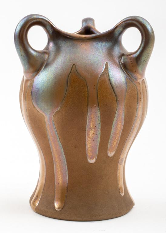 Emile Diffloth Boch Freres Art Nouveau Vase: Emile Diffloth (French, 1856-1933) for Boch Freres Art Nouveau amphora shaped vase with three handles and partial iridescent glaze, marked on bottom with makers mark and monogram of Diffloth, numbered