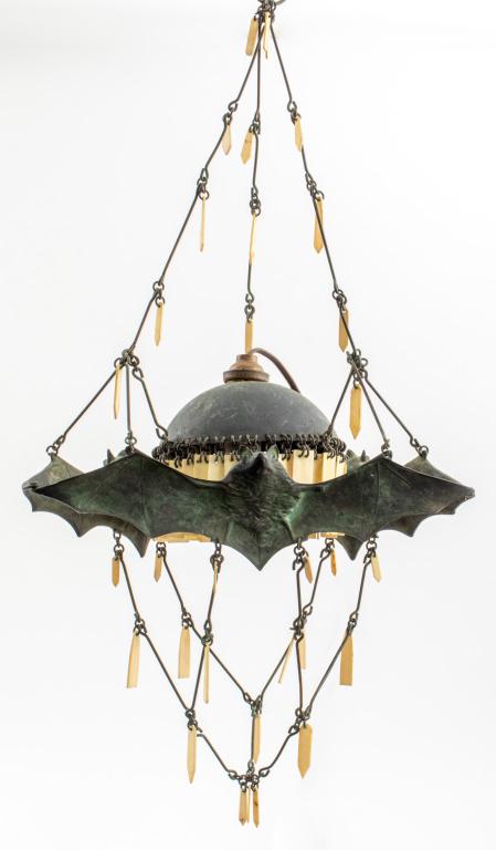Art Nouveau Bronze & Bone Bat Motif Pendant Lamp: Art Nouveau patinated verdigris bronze pendant lamp cast with three bats and a dome form hanging light, with bone droplets. 22" H x 11" W x 11" D.