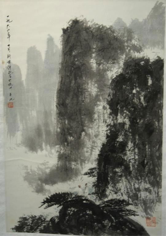 Chinese Landscape Scroll Painting attr. Fu Baoshi: Hanging scroll painting of landscape with two small figures, attributed to Fu Baoshi (Chinese, 1904-1965), ink and colors on paper; marked. Dimensions: Scroll: 62" H x 22" W Image: 27" H x 18" W