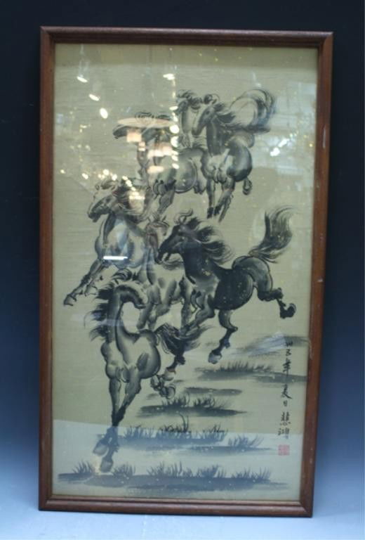 Chinese Framed Painting of 8 Horses: Framed painting depicting eight galloping horses, ink on paper, China; marked. Dimensions: Framed 35-1/4"L x 20-1/2"W x 3/4"D; image area 33-1/4"L x 18-1/2"W