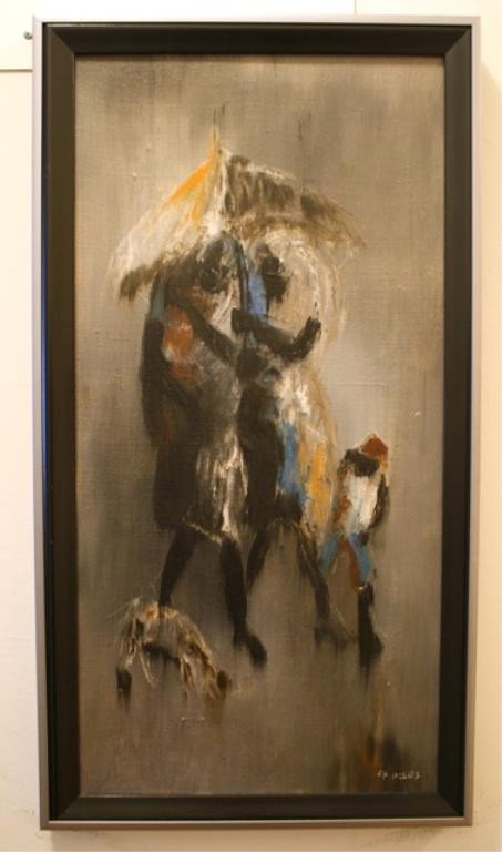 Charles Obas Oil Painting on Canvas: Oil on canvas painting of figures with umbrella, Charles Obas (Haitian, 1927-1968), Haiti; signed. Dimensions: overall 25-3/4"H x 14"W; image area 23-5/8"H x 11-1/2"W