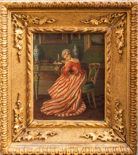 Pio Ricci Genre Scene Oil on Canvas, 1873: Pio Ricci (Italian, 1850-1919) oil on canvas mounted on panel, depicting a pensive lady at her writing desk in a period interior, signed and dated 1873 to lower right, housed in a carved giltwood fram