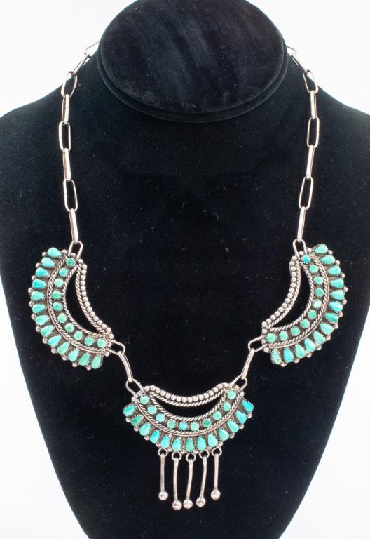 Nancy Haloo Zuni Silver & Turquoise Inlay Necklace: Vintage Nancy Haloo (American, b. 1952) Zuni sterling silver turquoise inlay petit point necklace, each stone hand-cut and set in saw tooth bezel, signed "NH / Zuni" to reverse. 19.5" L; weight: appro