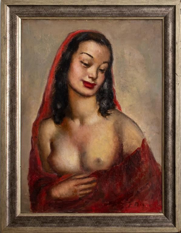 F. Diaz Diaz Attr. 'Lady in Red' Oil on Canvas (1 of 8)