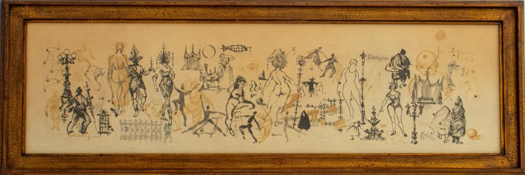 Signed Illegibly "Wacky" Pen and Graphite on Paper: "Wacky," pen, ink, marker and graphite on paper, depicting various figures in the nude, in harlequin costumes or in various other types of attires along with architectural elements and decorative moti