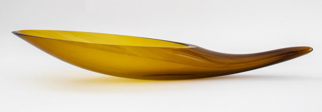 Winslow Anderson for Blenko Glass, Horn of Plenty: Winslow Anderson (American, 1917 - 2007), "Horn of Plenty" (designed 1972) for Blenko Glass of West Virginia, model 964, in ochre glass in the form of a stylized cornucopia, unsigned. 21" L