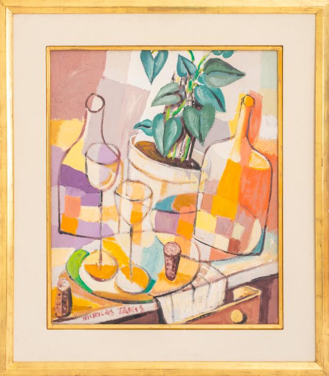 Nicholas Takis "Transparencies" Oil on Canvas: Nicholas Takis (American, 1903-1965) "Transparencies" cubist still life oil on canvas painting depicting two bottles, wine glasses, and a pothos plant, signed to lower left and titled to verso, housed