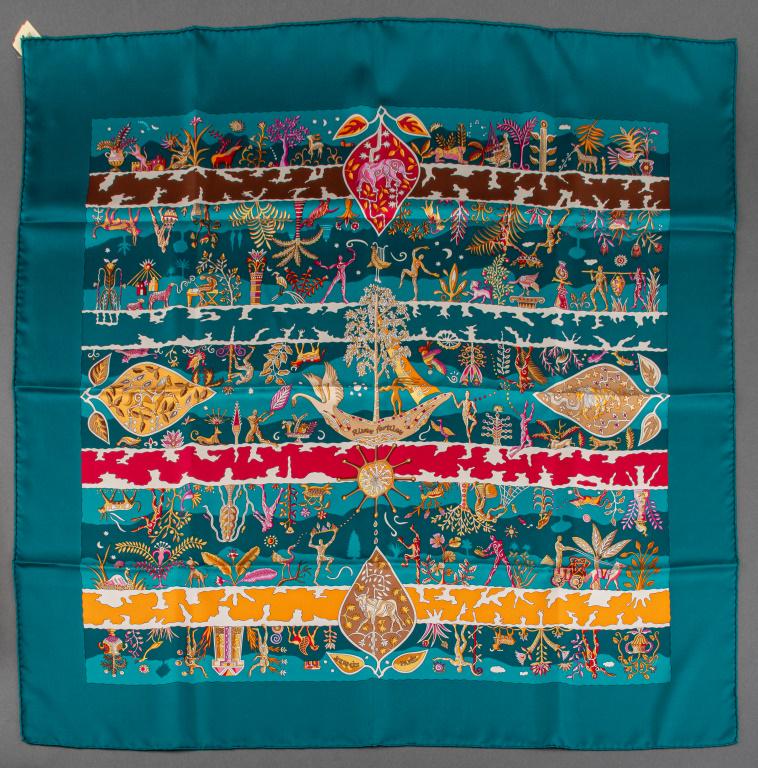 Hermes "Rives Fertiles" Silk Twill Scarf: Christine Henry for Hermes square silk twill scarf in the "Rives Fertiles" pattern on a deep teal blue ground, signed "HENRY C." lower right, marked "HERMES" upper left, with original sales tag and "M