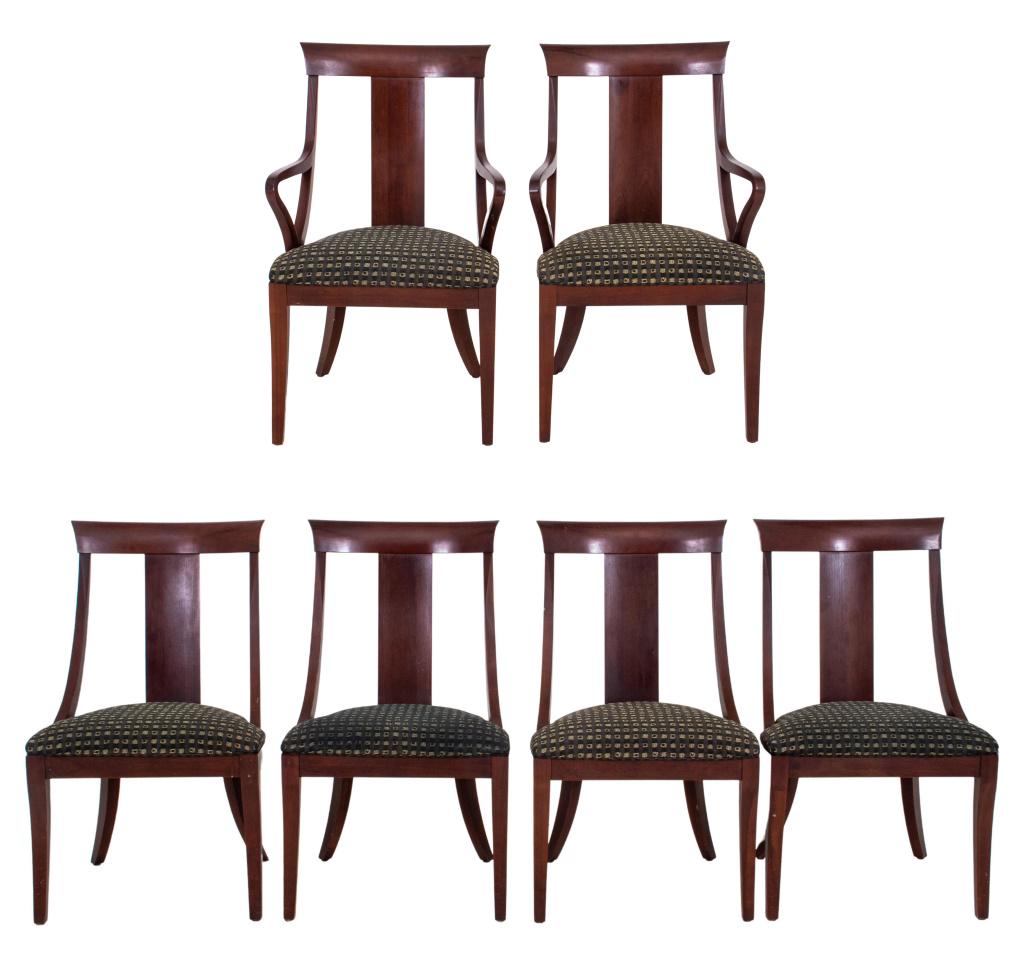 Regency Style Dining Chairs En Gondole, 6: Regency style dining chairs "en gondole", six, and comprising two armchairs and four sides, each with curved crest rail above a single slat, the down swept supports and with drop in upholstered seats 