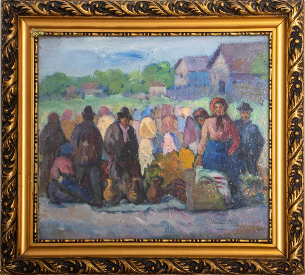 Reczei 'Village Scene' Oil on Canvas Painting: I. Gyozo Reczei / Reczey (Hungarian, 1870-?) impressionistic oil on canvas painting depicting a town landscape scene with figures selling and buying wares, signed to lower right and illegibly inscribe