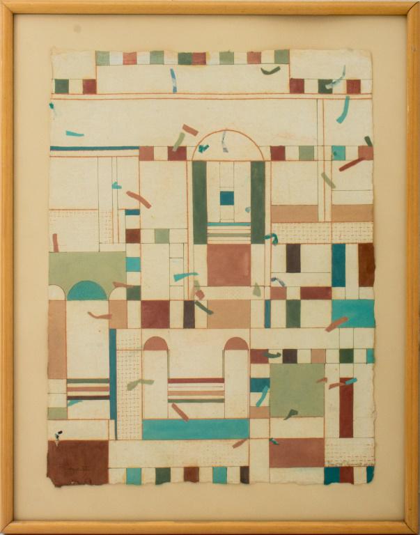 Illegibly Signed "Palazzo XVI" Mixed Media: "Palazzo XVI" acrylic and collage mixed media on paper in the manner of Piet Mondrian (Dutch, 1872-1944), illegiblyt signed to lower right, circa 1983, housed in a wood lacquered frame. Image: 26.75" 