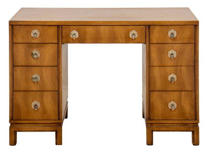 Mid-Century Asian Modern Walnut Kneehole Desk, 60s: Mid-Century Asian Modern walnut kneehole desk by Landstrom Furniture, 1960's, rectangular, with three short drawers above pedetals with two long drawers each side of the kneehole, the drawers with Jap