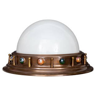 Jugendstil Manner Glass Cabochon Set Ceiling Light: Jugendstil manner glass cabochon-set patinated brass ceiling light in the manner of Otto Wagner (Austrian, 1841-1918) with molded circular ceiling mount set with multicolored glass cabochons alternati