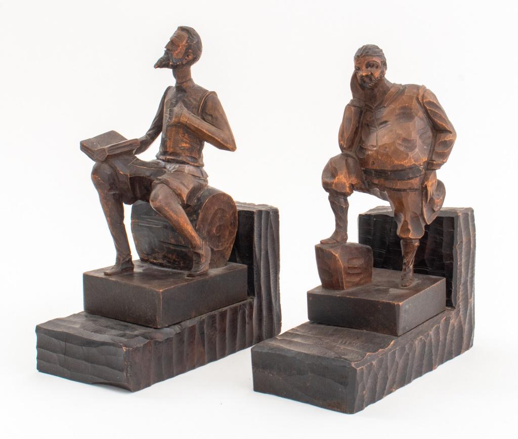 Don Quixote & Sancho Panza Carved Wood Bookend, 2: Pair of carved wood bookends depicting seated Don Quixote and standing Sanco Panza, apparently unsigned, circa twentieth century.