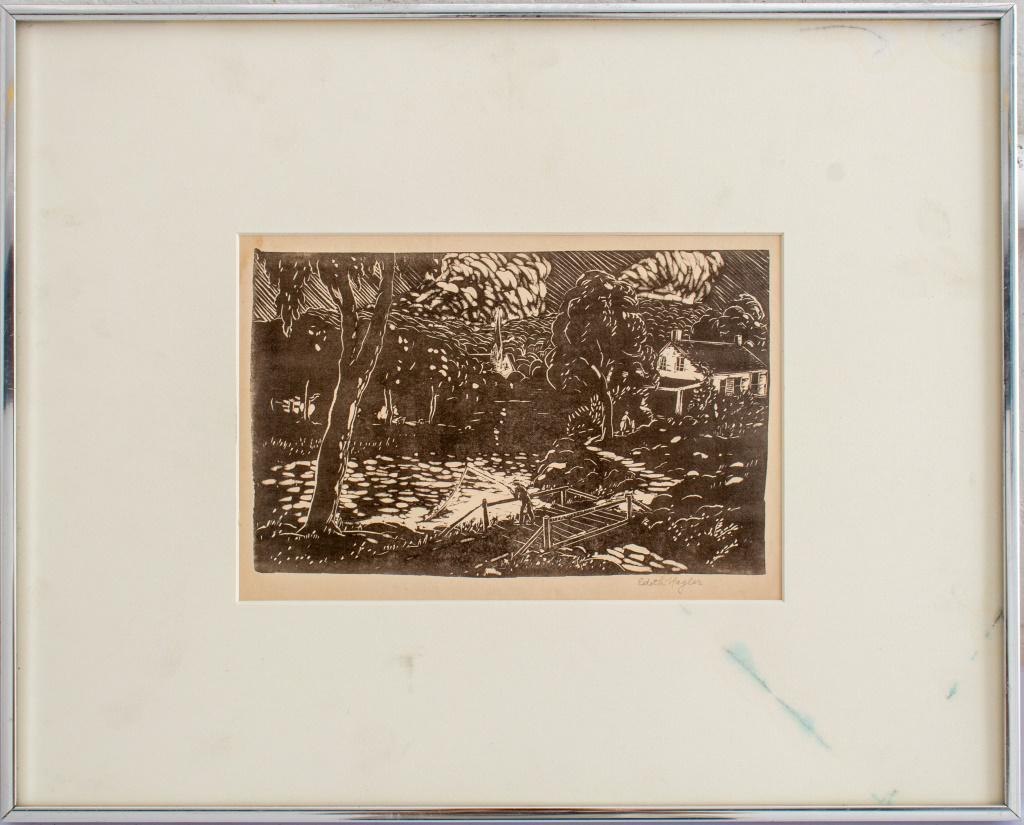 Edith Nagler "The Fishing Bridge" Woodcut on Paper: Edith Kroger Nagler (American, 1895 - 1986) "The Fishing Bridge" woodcut on paper depicting a fisherman on a bridge crossing a lake, pencil signed to lower right, housed in a silver metal frame, no gl