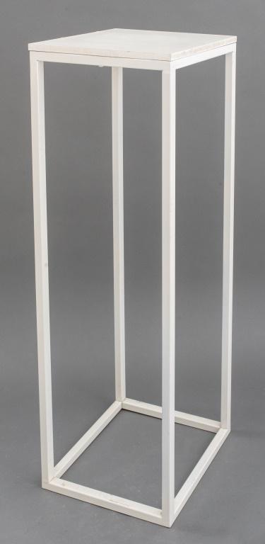 Minimalist White Painted Metal and Wood Pedestal: Minimalist white painted metal and engineered wood sculpture base pedestal. 37.5" H x 12" W x 12" D.