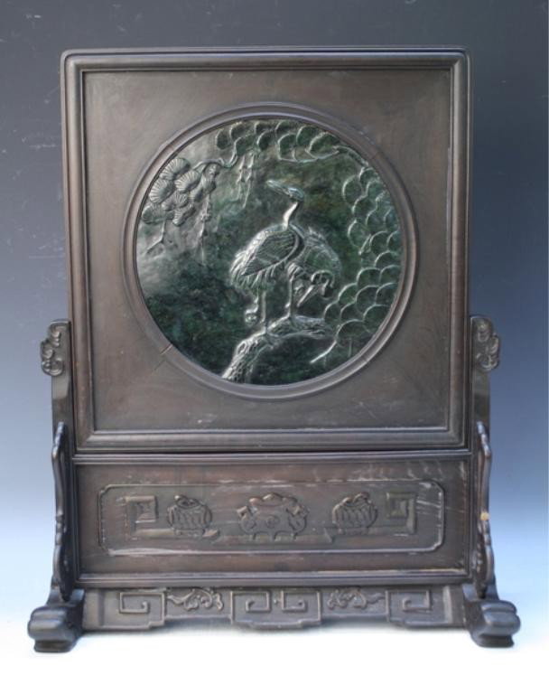 Chinese Carved Jade Table Screen with Cranes: Large wooden table screen with carved jade panel in center with cranes, China; unmarked. Dimensions: 27"H x 18"W x 8-1/2"D
