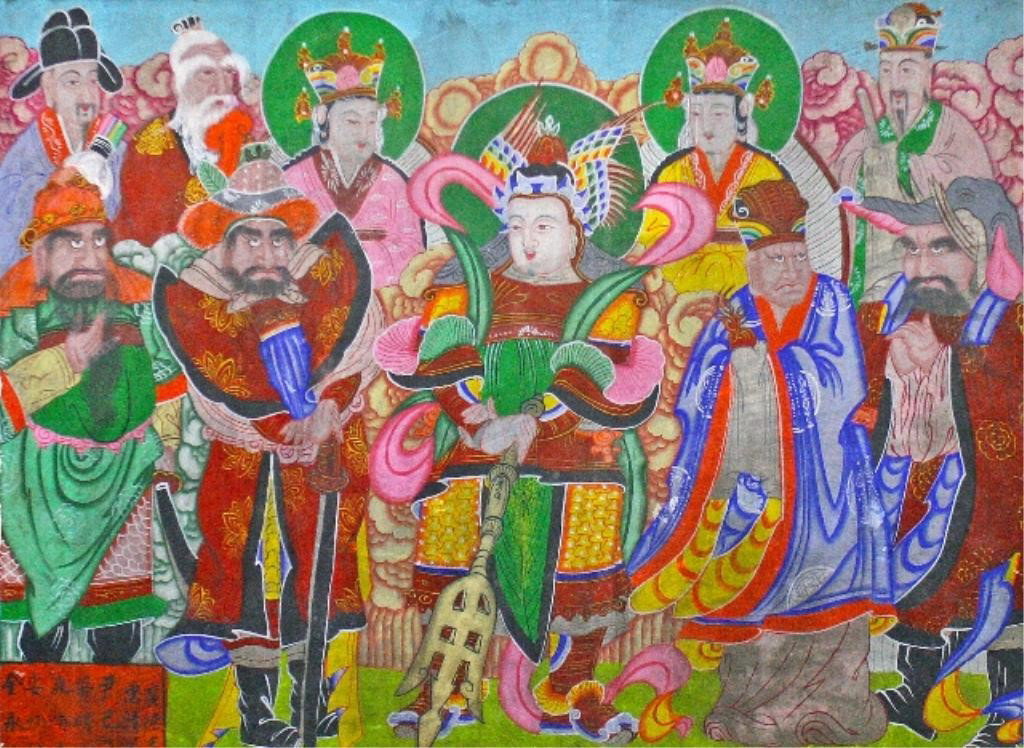 Large Early 20thC. Korean Buddhist Temple Painting: This painting shows how Koreans have traditionally approached religion, with a combination of Buddhism, Daoism, and Shamansim. Obang Sinjang. Deity Generals of the Five Directions (North, South, East,