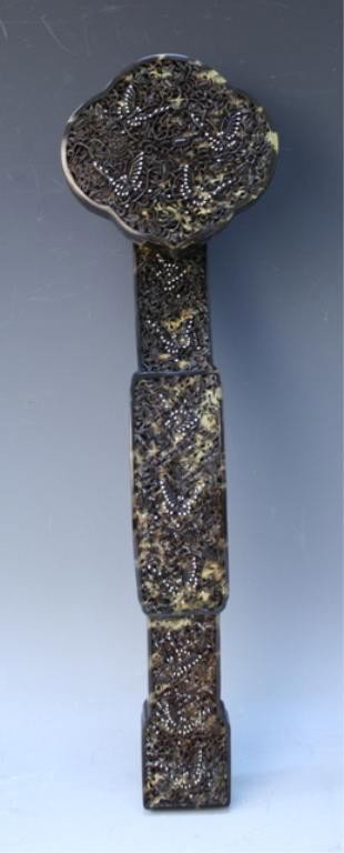 Chinese Carved Tortoiseshell Ruyi: Large tortoiseshell ruyi scepter with butterfly design, China; marked. Dimensions: 17" long x 5" W x 3" D
