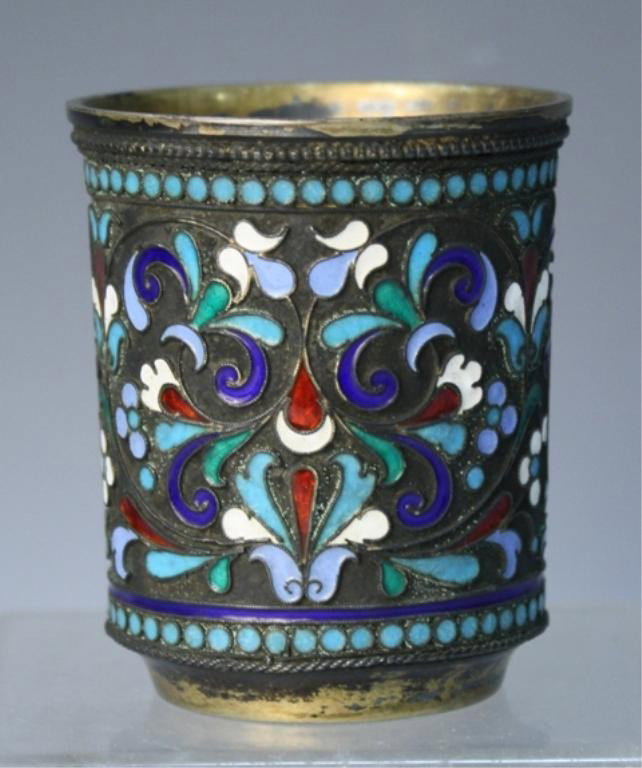 Russian Cloisonne Enamel Cup: Small cloisonne enamel cup with floral motif, Russia; marked. Dimensions: 2-1/2"H x 2-1/8" diameter