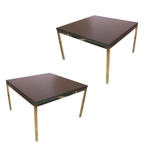 Pair Mid Century Granite & Chrome Tables F. Knoll: A pair of modern accent tables with black granite tops and chrome legs, by Florence Knoll, United States, 1970s; unmarked. Dimensions: 17"H x 27"W x 27"D