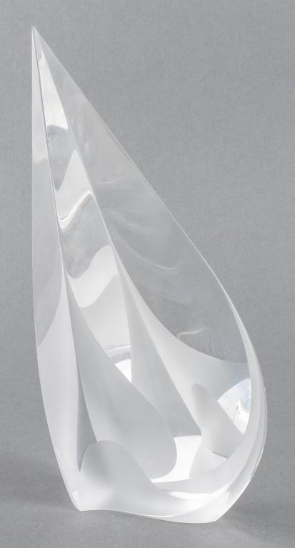 Christopher Ries "Falling Petals" Glass Sculpture: Christopher Ries (American, b. 1952) "Failling Petals" optical crystal glass sculpture, signed and dated "6/4/00" to one face. Approx. 0.25" chip near base. 10" H x 5" W x 2.75" D.