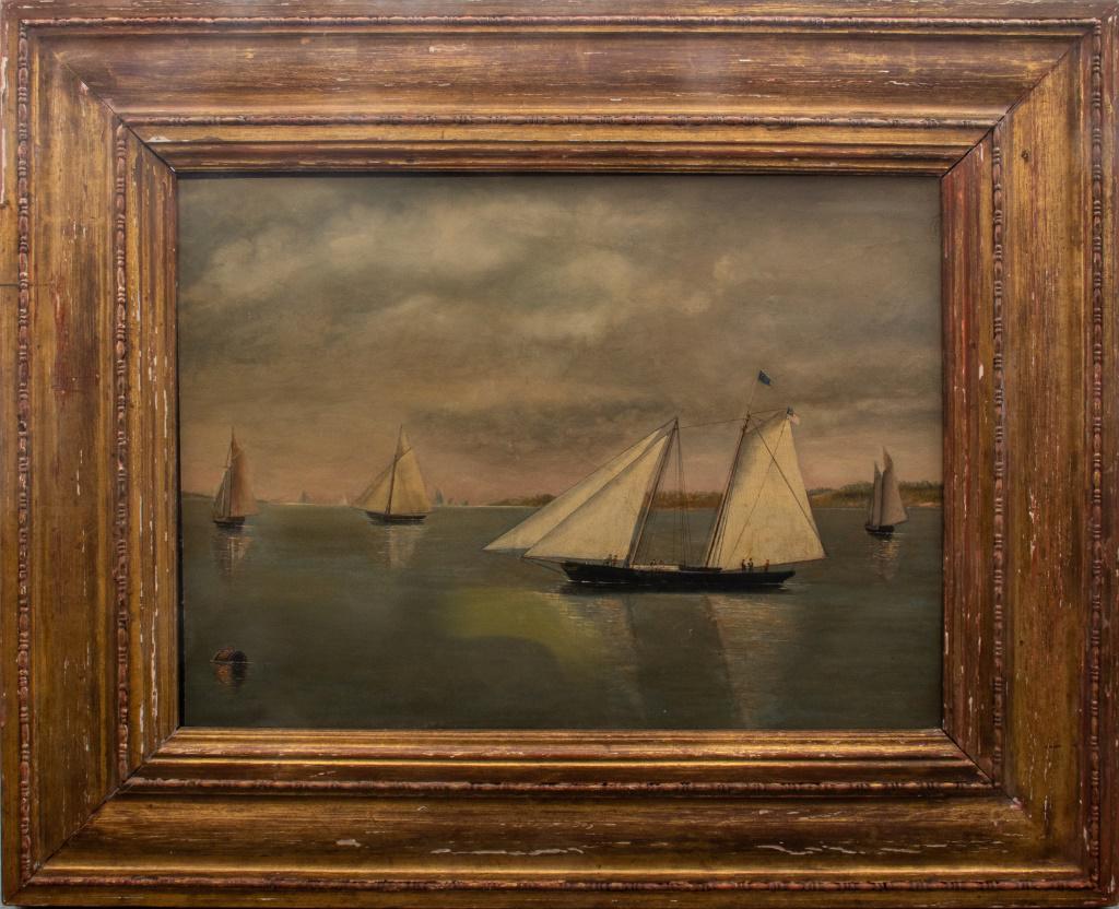Antonio Jacobsen Attr. "NY Yacht Club" Oil Canvas: Antonio Jacobsen (Danish/American, 1850-1921) attributed "New York Yacht Club Regatta" oil on canvas maritime painting depicting ships sailing on the Long Island Sound, inscribed to verso, housed in a