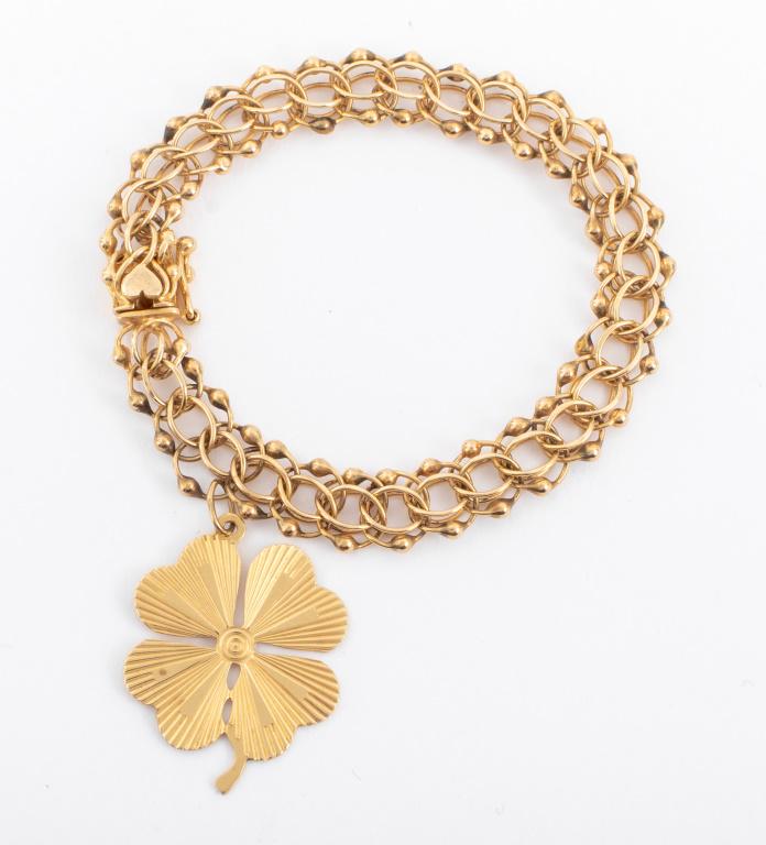 14K Yellow Gold 4 Leaf Clover Charm Bracelet (1 of 6)